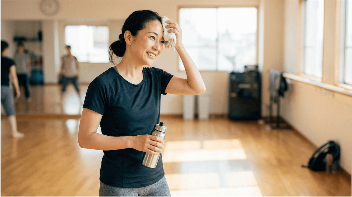 ダンスレッスン後に笑顔を見せる40代の会員