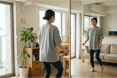 自宅でスマホを見ながら軽くダンスの練習をしている大人女性のイメージ